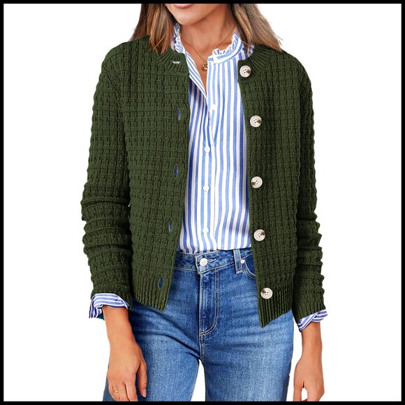 Sweaters - Cropped Cardigan Sweater, Button Front, Chunky Knit, Versatile Outerwear